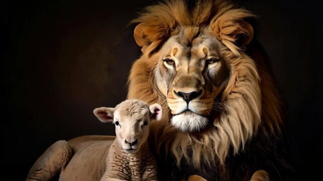 Lion with mane and a lamb together, posing side-by-side against a dark background, animal, predator and prey, unlikely friendship.
