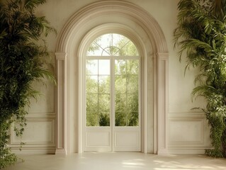 Fototapeta premium Sunlight streams through an elegant arched window surrounded by lush greenery