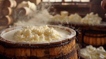 Portrait of milk is carefully regulated in temperature within a wooden vat, showcasing the artistry with a space for text or products, Generative AI.