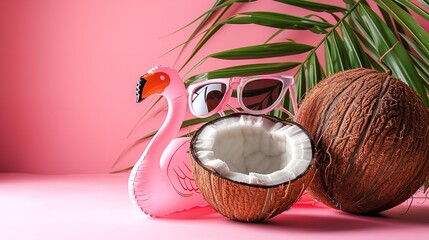A coconut in pink backdrop with flamingo bird model with a big space for text or product, Generative AI.