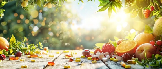 Fresh healthy summer fruits with a nature backdrop in a wooden surface a concept of multivitamin with a nature backdrop, Generative AI.