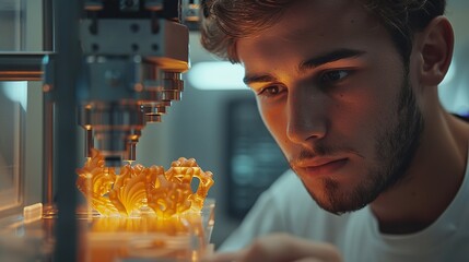 Portrait of a young male checking 3D printer output with blurry backdrop and space for text or product, Generative AI.