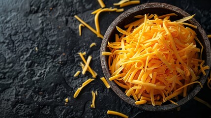 Over a dark backdrop, a bowl of shrunken cheddar cheese shimmers overhead view and space, Generative AI.
