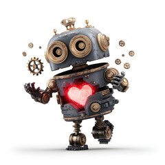 Naklejka premium a toy robot revealing its glowing heart core with floating mechanical gears around it isolated on white background