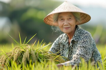 Portrait of Asian middle aged woman working in rice field with a big space for text or product, Generative AI.