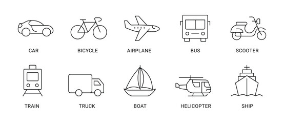 Transportation line icons. Editable stroke. showcasing cars, bikes, planes, and more ready for diverse travel scenarios , stock vector .