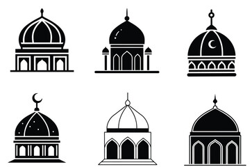 Set of Islamic Dome Icons in Solid Silhouette Style