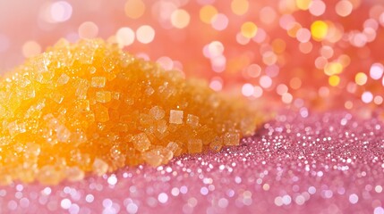 A big copy space of pile of yellow and pink crystal sugars in a pink surface with a big copy space, Generative AI.