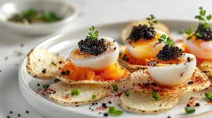 Portrait of quail egg appetizer with squid and shrimp in a white plate with a big space for text or product, Generative AI.