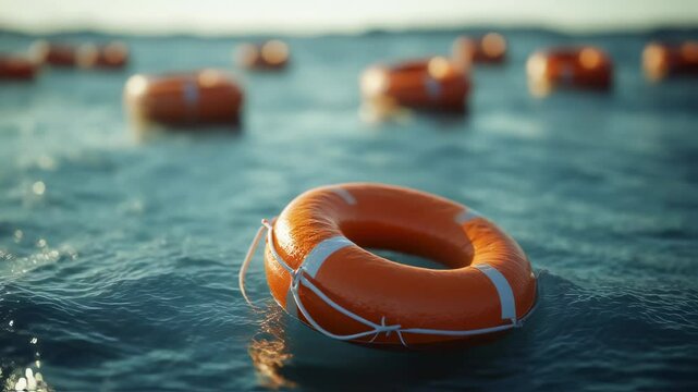 Buoyant orange life rings adrift on a vast, tranquil, undulating ocean surface