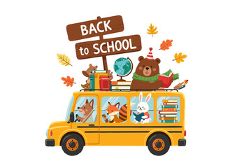 Adorable Animals Riding a School Bus Back to School Illustration