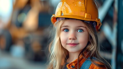 Portrait of lovely little girl in engineer yellow hat standing in outside with a big space for text or product, Generative AI.