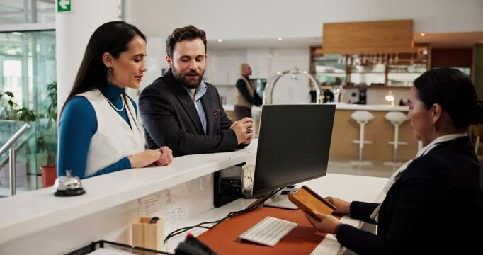 Hotel, receptionist and couple with passport for check in, reservation and luxury accommodation. Hospitality industry, concierge service and people with assitance for holiday booking and confirmation