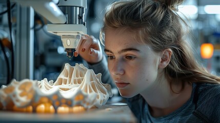 Portrait of a young woman checking 3D printer output with a blurry backdrop and space for text, Generative AI.