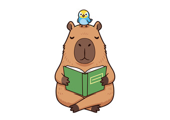 Capybara Reading a Book with a Bird on its Head Serene Illustration