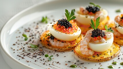 Portrait of quail egg appetizer with squid and shrimp in a white plate with a big space for text or product, Generative AI.