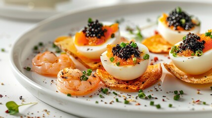 Portrait of quail egg appetizer with squid and shrimp in a white plate with a big space for text or product, Generative AI.