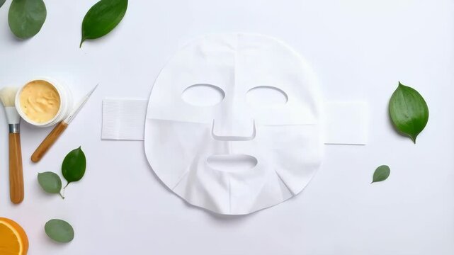 Hands holding a white sheet mask, face care beauty treatment with orange, cream, green leaves on white surface