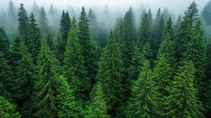 Fototapeta premium Lush green forest with misty atmosphere creates serene and tranquil environment
