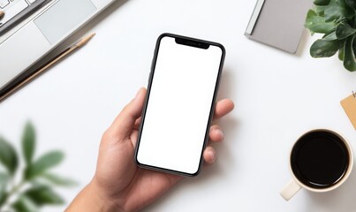 A man hand holding an phone with a white screen on the table, top view, isolated on a clear background. Mockup for an ad with text overlay.