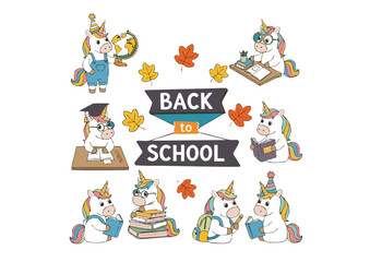 Fototapeta premium Adorable Unicorn Back to School Illustrations Cute Cartoon Unicorns Studying, Reading, and Celebrating the New School Year