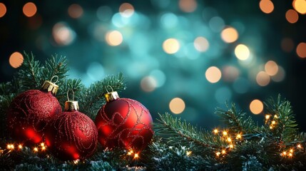 Obraz premium Red Christmas ornaments with bokeh lights and pine tree needles. Use this picture for cards, backgrounds, or holiday promotions.