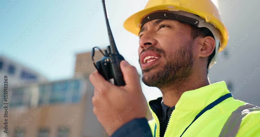 Poster Man, construction and talking with radio on site for building inspection, instructions or workflow. Engineer, low angle or communication for project management, quality control or renovation progress