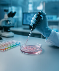 Hand pipetting red liquid into a petri dish containing cell samples, surrounded by color-coded test plates and microscope in a scientific lab.