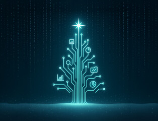 Stylized Christmas tree composed of glowing circuit paths and data icons, with a radiant star on top, set against a digital night backdrop.