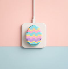 Colorful pixelated Easter egg on a wireless charging pad, blending retro digital aesthetics with festive pastel tones.