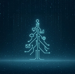 Glowing digital Christmas tree made of circuit lines and tech icons on a dark binary background, symbolizing tech-themed holidays.