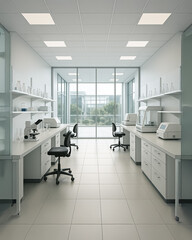 Clean and bright biotechnology lab with microscopes, computer screens displaying cell images, and large glass windows for natural lighting.