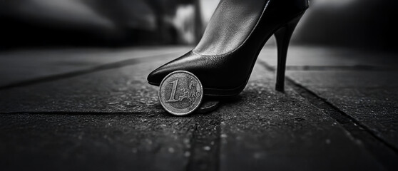 A black high heel steps on a one-euro coin on the pavement, symbolizing financial pressure, economic disparity, or capitalism’s dominance over individual worth.