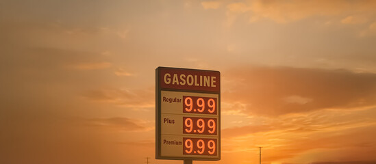 A gas station price sign displays an exaggerated $9.99 for all fuel types at sunset, symbolizing fuel inflation, oil dependency, and the rising cost of fossil energy.