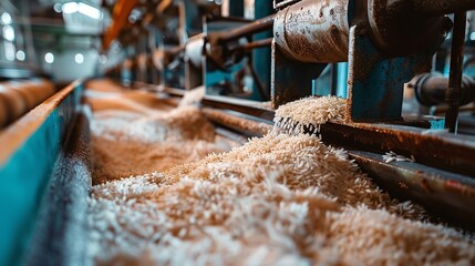 Portrait of the rice processing machinery factory with a big space and blurry backdrop for text or product, Generative AI.
