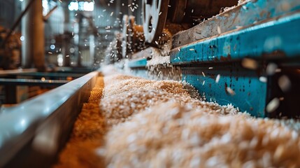 Portrait of the rice processing machinery factory with a big space and blurry backdrop for text or product, Generative AI.