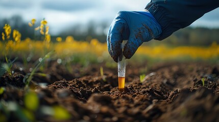 Portrait of hand holding soil sample in a tube with a big space for text or product and a blurry nature backdrop, Generative AI.