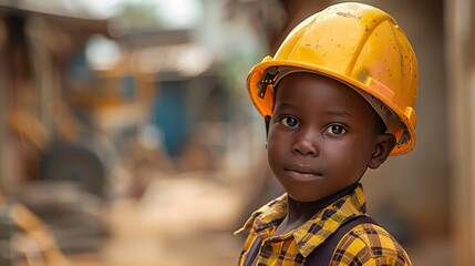 Portrait of lovely little African boy in engineer yellow hat standing in outside with a big space for text or product, Generative AI.