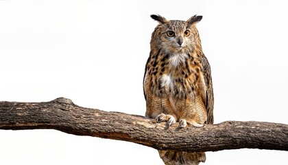 Obraz premium Majestic Owl Perched on a Branch Against Transparent Backdrop at Twilight, Embracing the Serene Peace of the Enchanted Forest