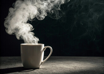 White Mug with Fluffy Cloud of Steam Against Dark Background