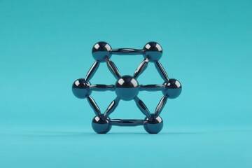 Shiny metallic molecule model on a blue background. Use for scientific, medical, or technological concepts.