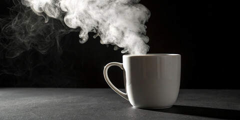 White Mug with Fluffy Cloud of Steam Against Dark Background