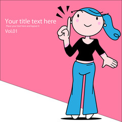 可愛い女性のちびキャラが指をさしている