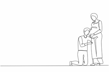 Single continuous line drawing man or husband kneel down and listening to his Arabic pregnant wife belly, expecting new born baby. Future parents character. One line graphic design vector illustration