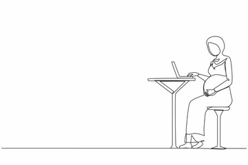 Single continuous line drawing Arab pregnant woman sitting in cafe and using laptop. Freelance work concept. Side view. Theme of working as freelancer during pregnancy. One line graphic design vector