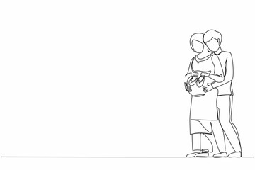 Continuous one line drawing Arab pregnant woman and her husband holding baby shoes and hugging tummy. Pregnant woman holding baby shoes while husband touching her belly. Single line draw design vector