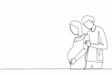 Continuous one line drawing young man carefully embraced Arabian pregnant woman. Husband and wife are expecting baby, young parents, family support. Single line draw design vector graphic illustration