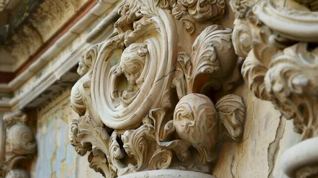 Close-up of ornate architectural detail featuring sculpted foliage and faces on a stone column.