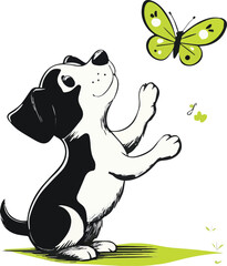 Flat Vector Illustration of Black and White Dog in Green Vines