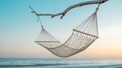 Hammock hanging from a tree branch overlooking a calm ocean at sunset